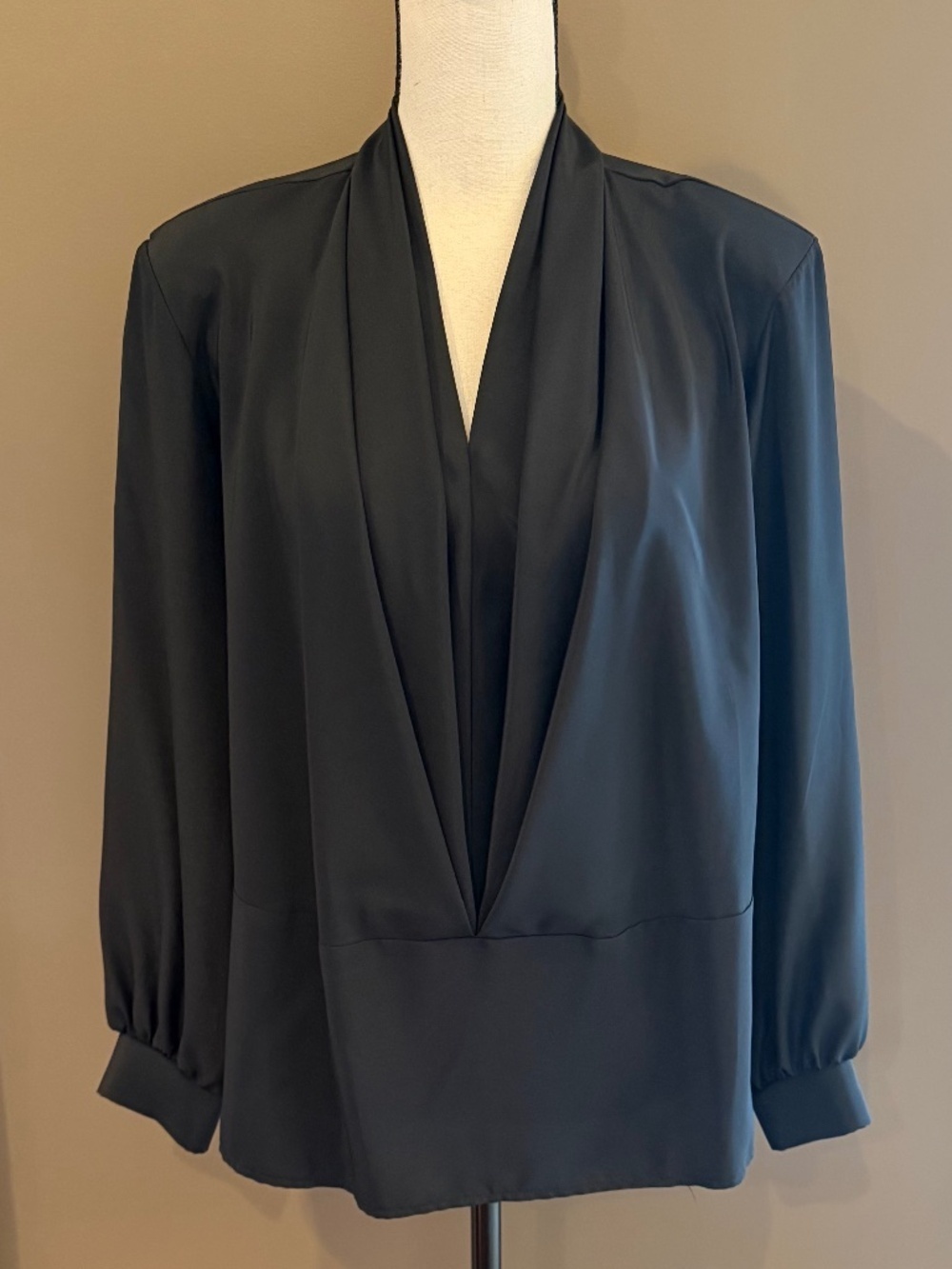 Vintage Black Peplum Blouse Pleated 80s Disco Top Office Business, Size 14